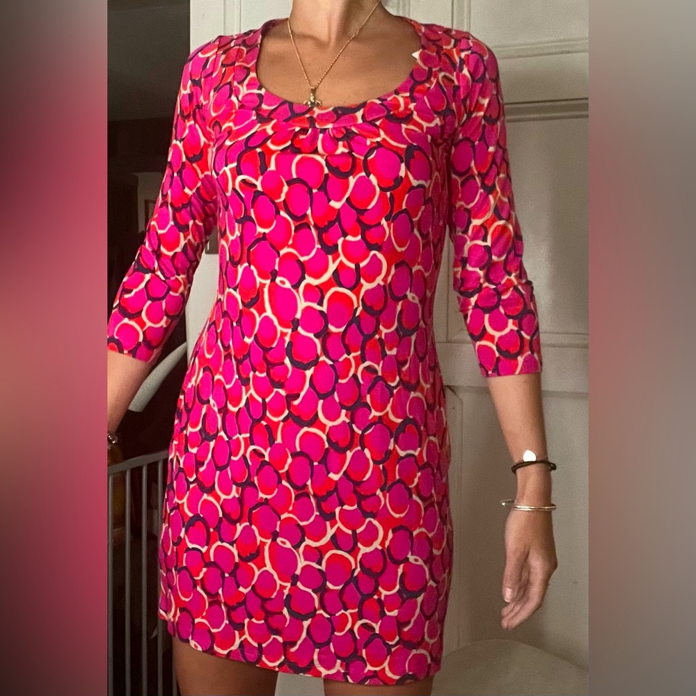 Boden | Dress | Jersey Knit Fitted Pink Geometric Mini Dress 3/4 sleeves | US 6